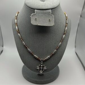Vintage Napier Silver Tone Spiral Beaded with Bronze Beads Cross Flower Necklace